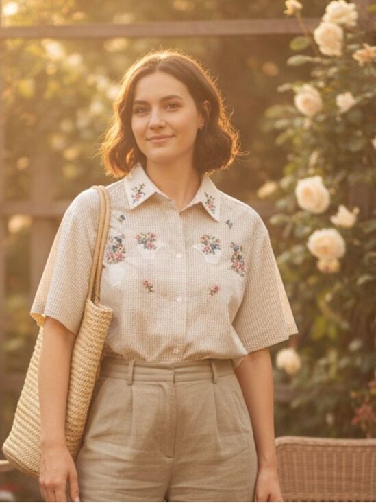 Capacity Tops - Capacity Vintage Tan Gingham Flower Pot Embroidered Blouse Cotton Large